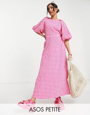 ASOS DESIGN Petite open back puff sleeve maxi dress in textured pink gingham