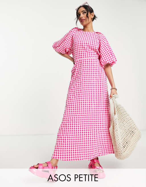 ASOS DESIGN Petite open back puff sleeve maxi dress in textured pink gingham