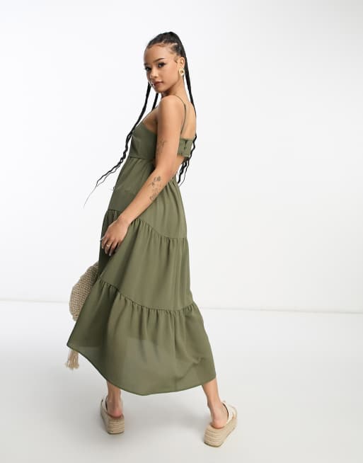 ASOS DESIGN Petite open back tiered hi low hem maxi dress in khaki, 2 of 4