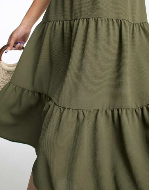 ASOS DESIGN Petite open back tiered hi low hem maxi dress in khaki, 3 of 4