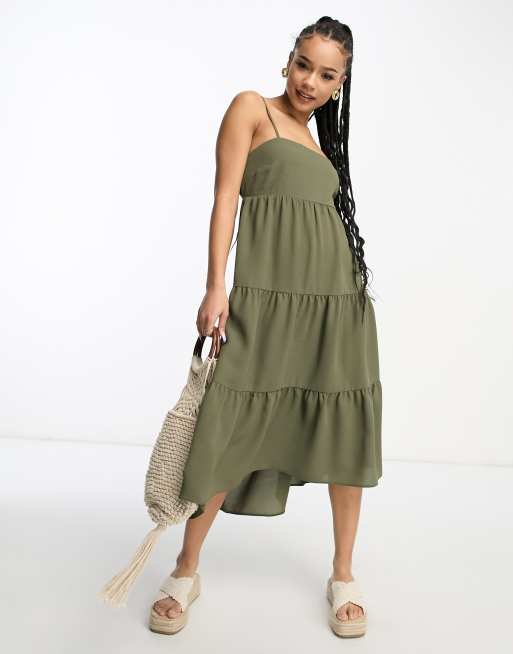 ASOS DESIGN Petite open back tiered hi low hem maxi dress in khaki, 4 of 4