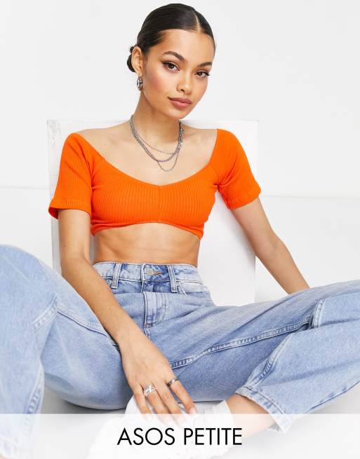 ASOS DESIGN Petite – Orange, ribbad off shoulder-topp med formad nederkant