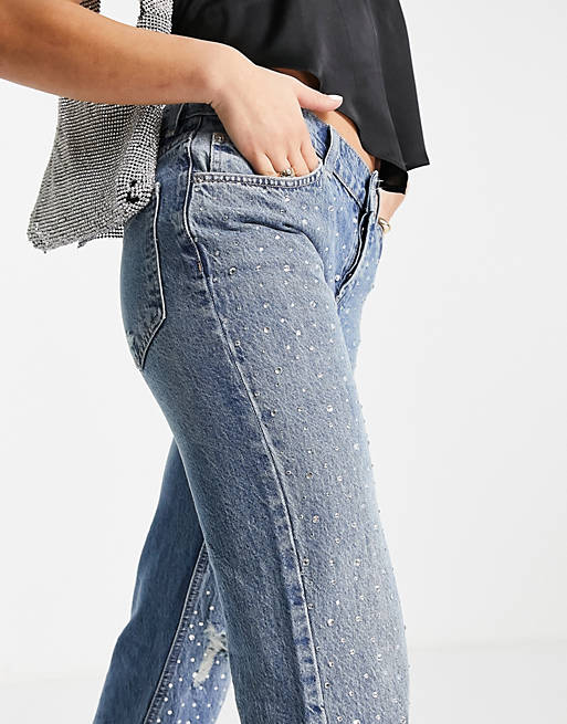 Women Petite organic cotton blend low rise straight leg jean in all over diamante hotfix with ripped knee 
