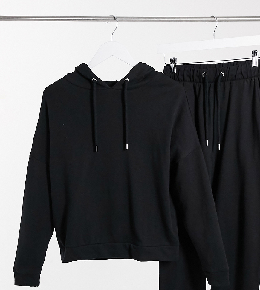 ASOS DESIGN Petite organic cotton tracksuit hoodie/slim sweatpants set with tie in black