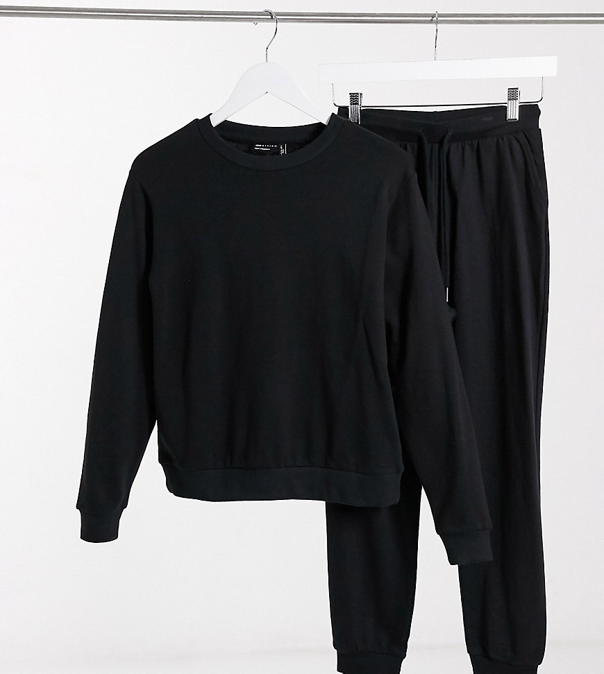 ASOS DESIGN Petite organic cotton tracksuit ultimate sweatshirt/sweatpants with tie in black