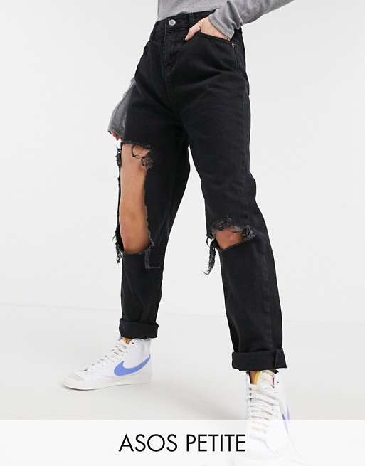 ASOS DESIGN Petite 'original' mom jean in clean black with extreme rips
