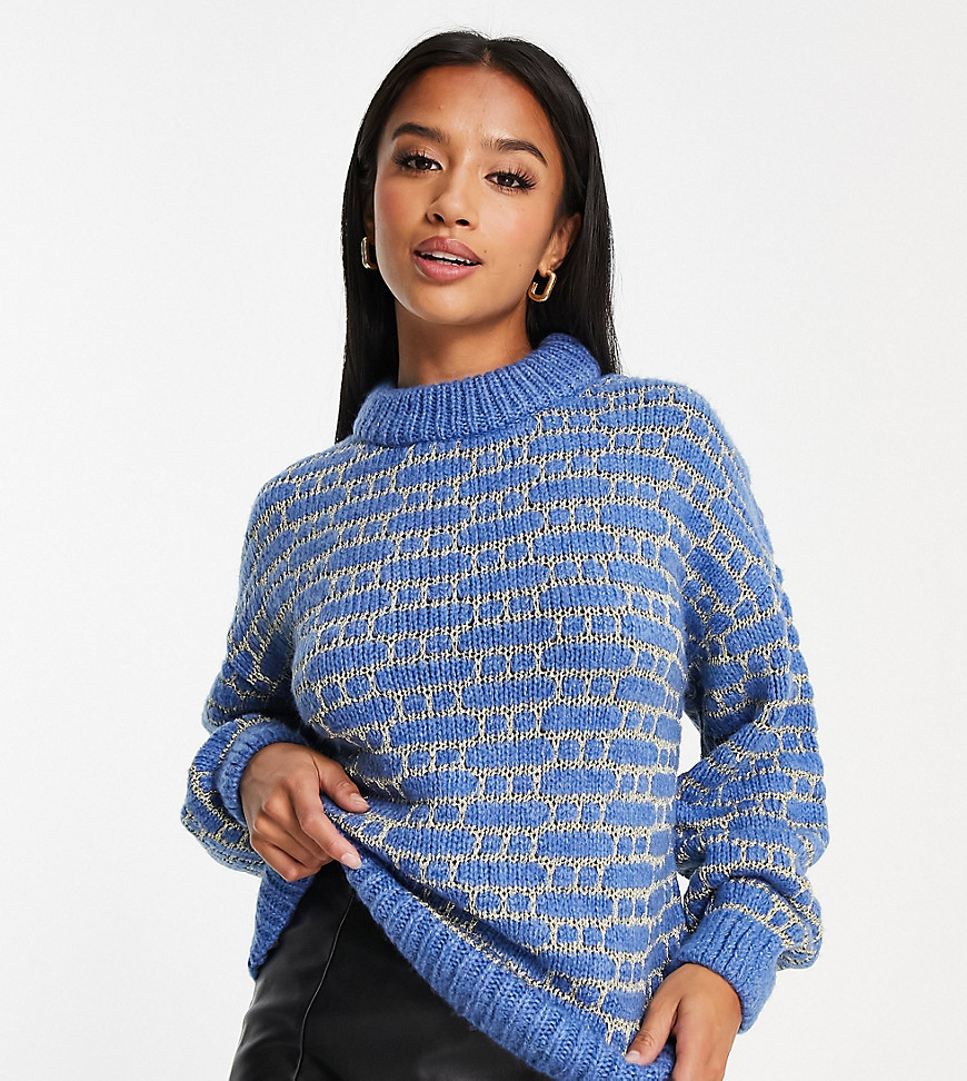 ASOS DESIGN Petite oversize sweater with metallic stitch in blue and gold