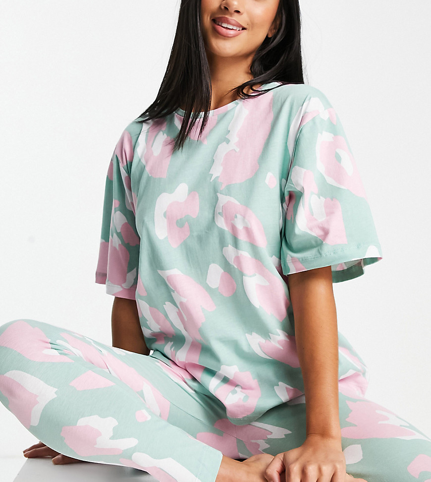 ASOS DESIGN Petite oversized animal tee & leggings jersey pajama set in sage-Green