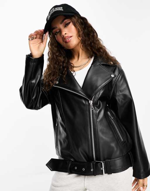 ASOS DESIGN Petite - Oversized bikerjack met lange pasvorm van imitatieleer in zwart, 4 van 4