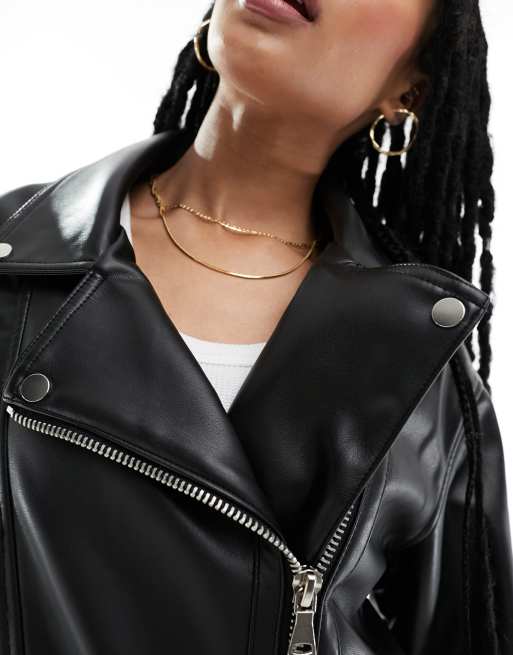 ASOS DESIGN Petite - Oversized bikerjack met lange pasvorm van imitatieleer in zwart, 4 van 4