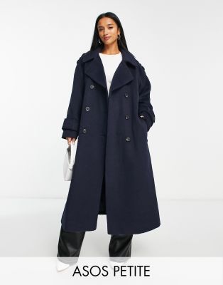 ASOS DESIGN Petite oversized brushed formal trench wool mix coat in navy