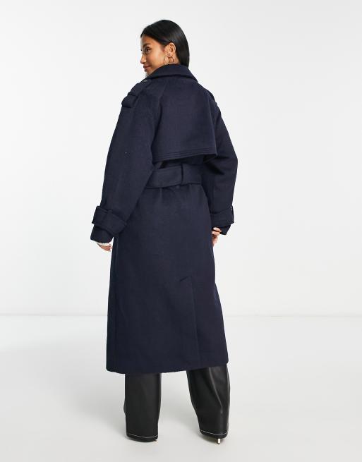 ASOS DESIGN Petite oversized brushed formal trench wool mix coat in navy