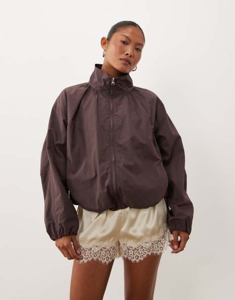 ASOS DESIGN Petite oversized bubble hem track jacket in mushroom - view 1