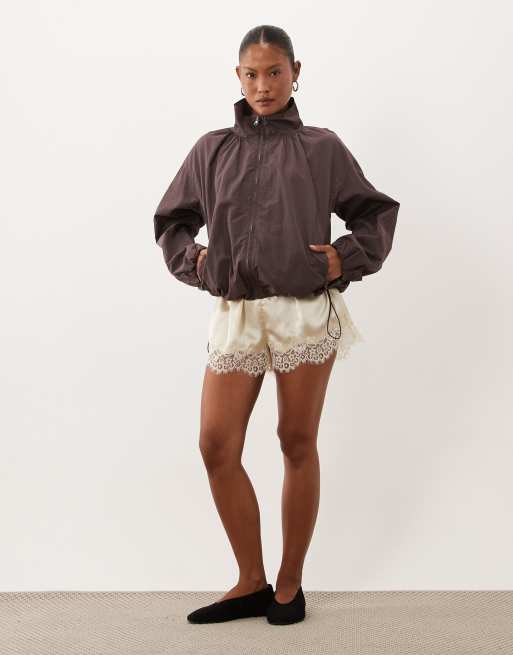 ASOS DESIGN Petite oversized bubble hem track jacket in mushroom, 2 of 4