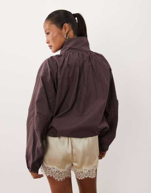 ASOS DESIGN Petite oversized bubble hem track jacket in mushroom, 3 of 4