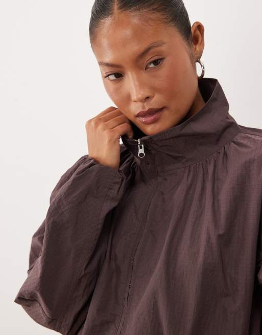 ASOS DESIGN Petite oversized bubble hem track jacket in mushroom, 4 of 4
