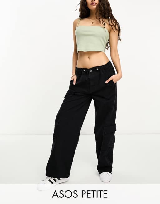 ASOS DESIGN Petite parachute cargo pants in black