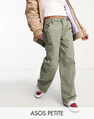 ASOS Petite ASOS DESIGN Petite oversized cargo trouser with multi pocket in khaki-Green