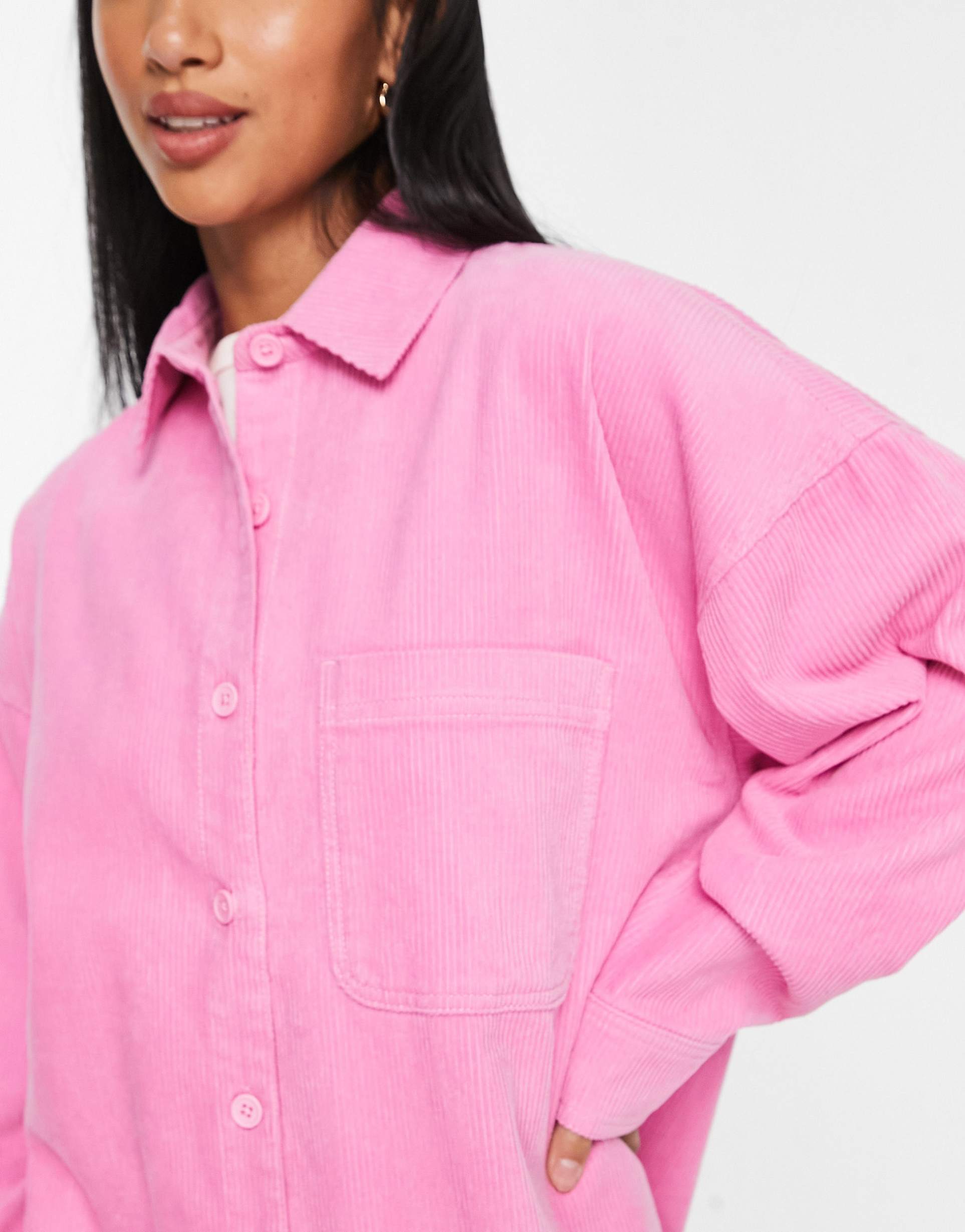 ASOS DESIGN Petite oversized cord shirt in pink co-ord view 4