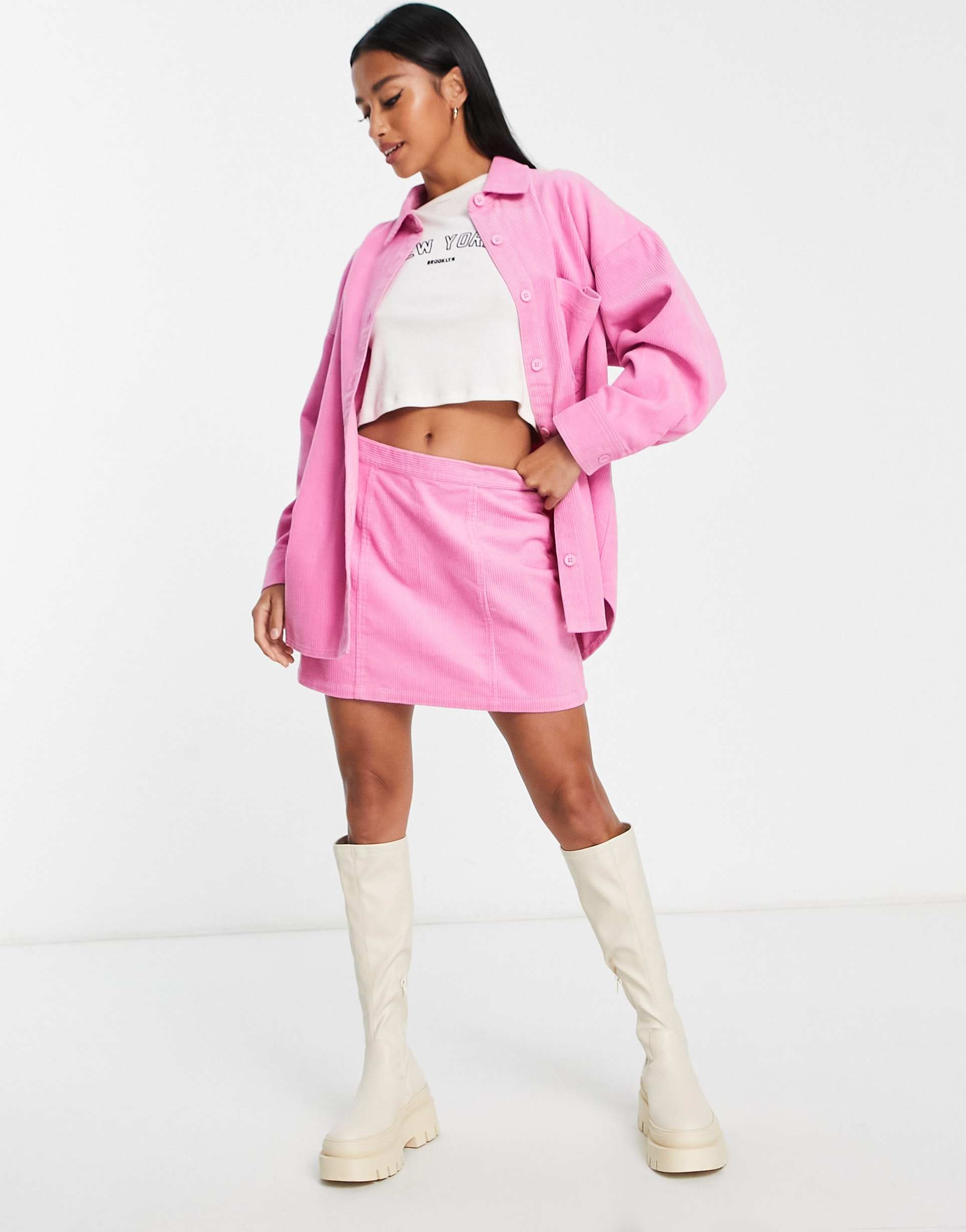 ASOS DESIGN Petite oversized cord shirt in pink co-ord