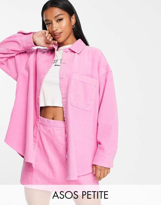 ASOS DESIGN Petite oversized cord shirt in pink - part of a set