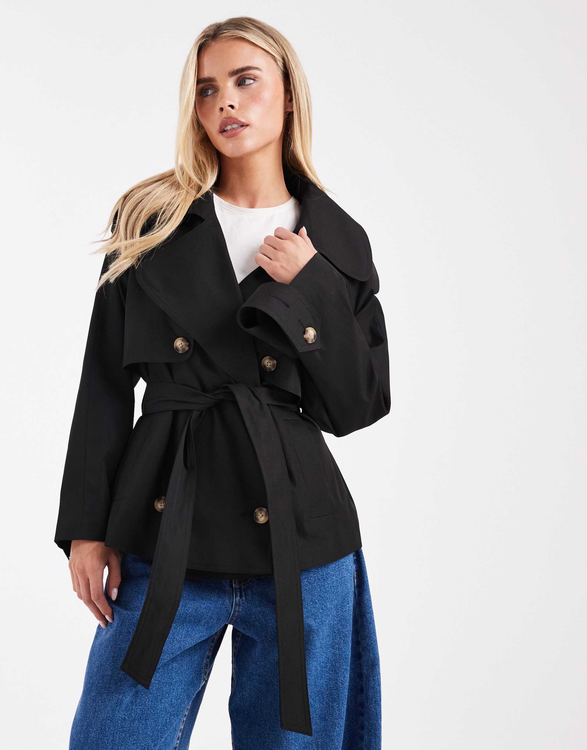 asos design petite oversized cropped trench coat with belt in black