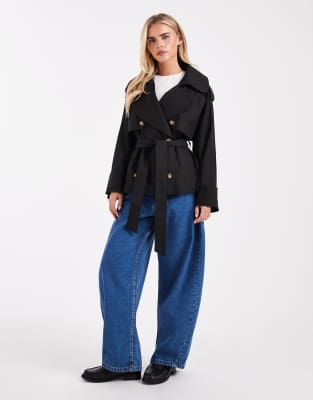 Asos Petite Asos Design Petite Oversized Cropped Trench Coat With Belt In Black