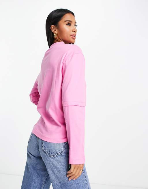 ASOS DESIGN Petite Oversized dubbellaags T shirt met lange mouwen in roze