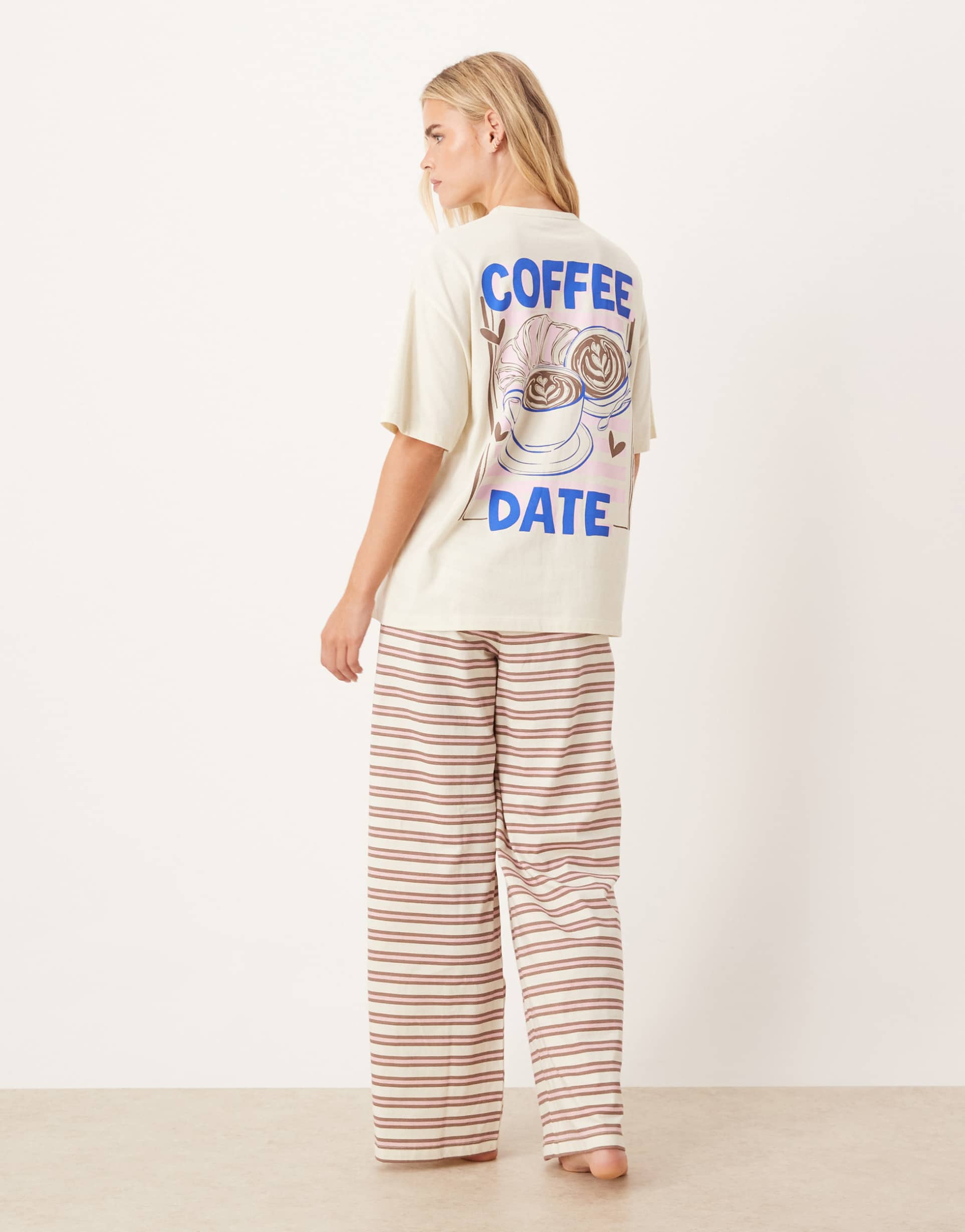 asos design petite oversized graphic tee & wide leg pants pajama set with girly coffee print in brown
