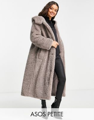 ASOS DESIGN Petite oversized hooded borg coat in grey