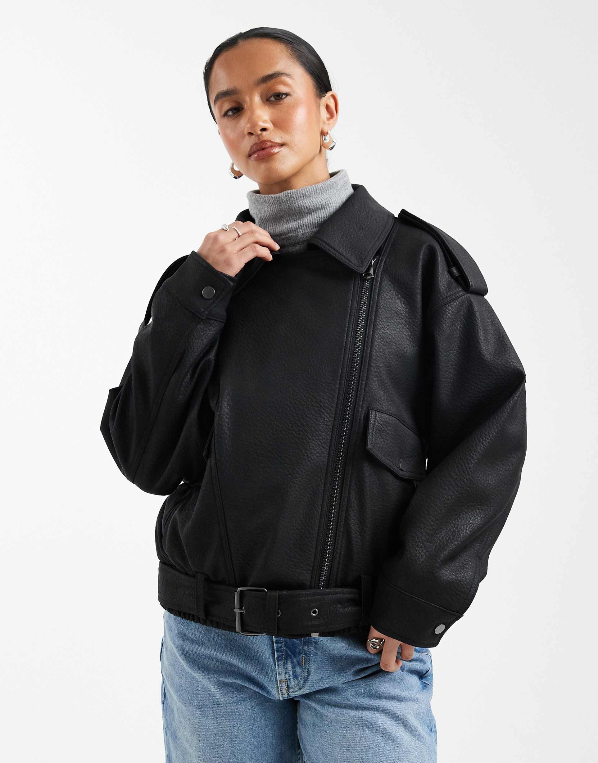 asos design petite oversized leather look biker jacket in black