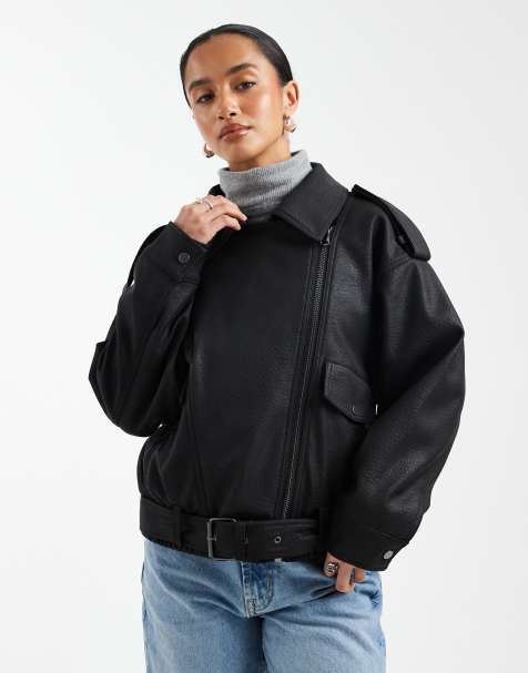 ASOS DESIGN Petite oversized leather look biker jacket in black