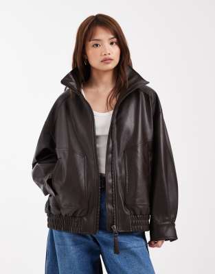 oversized leather look funnel neck bomber jacket in chocolate