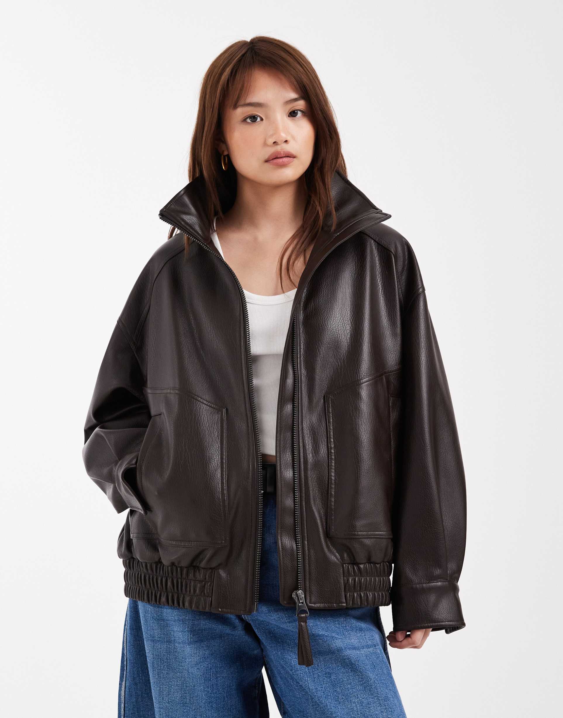 asos design petite oversized leather look funnel neck bomber jacket in chocolate