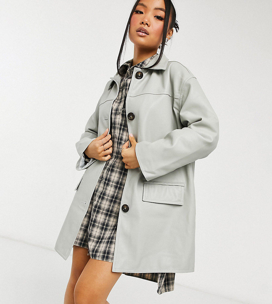 ASOS DESIGN Petite oversized leather look shacket with quilted liner in gray-Green
