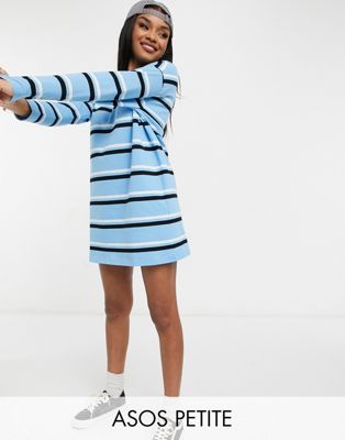ASOS DESIGN Petite oversized long sleeve T-shirt dress in bright blue, black and white stripe