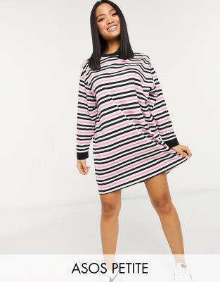 ASOS DESIGN Petite oversized long sleeve t-shirt dress in bright pink black and white stripe-Multi