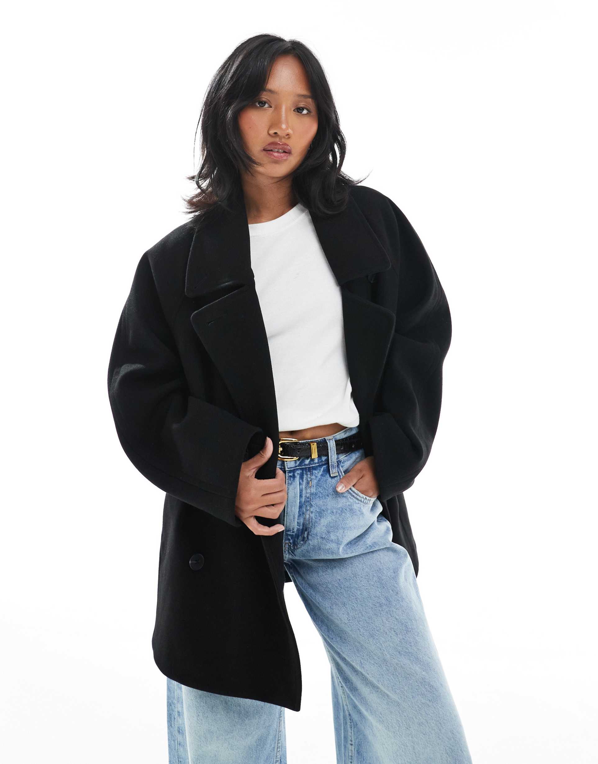 asos design petite oversized mid length pea coat in black