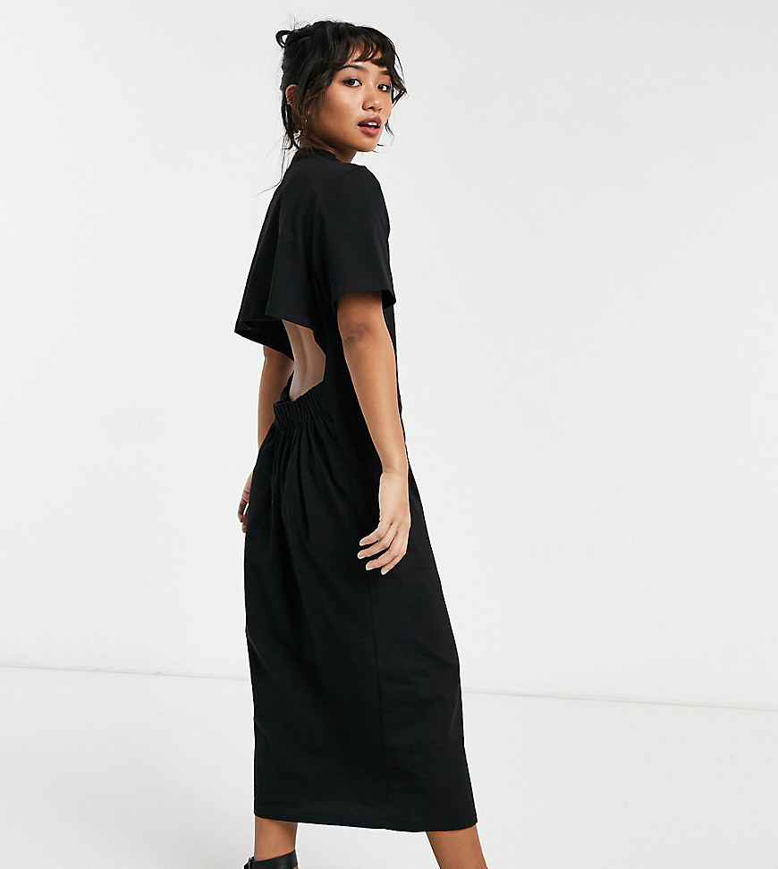 ASOS DESIGN Petite oversized midi t-shirt dress with back detail cut out in black
