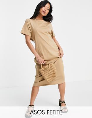 ASOS DESIGN Petite oversized midi t-shirt dress with back detail cut out in camel-Brown