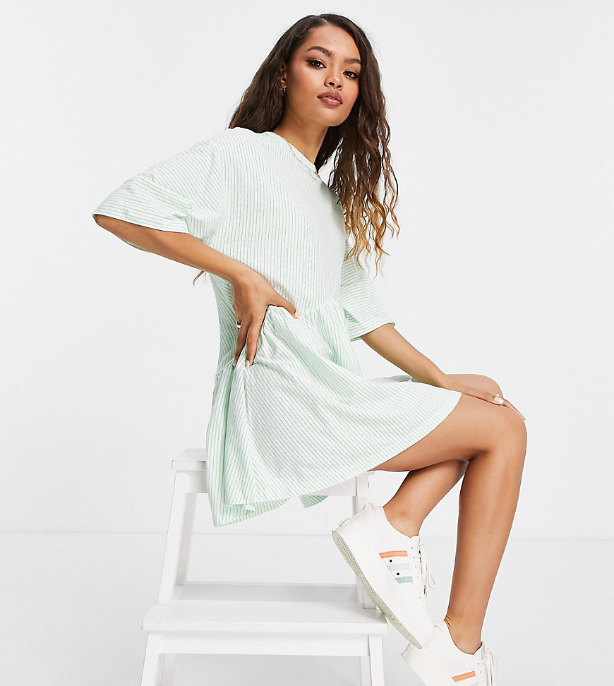 ASOS DESIGN Petite oversized mini smock dress with dropped waist in bright green and white stripe