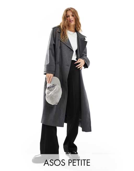 ASOS DESIGN Petite oversized pinstripe trench coat in gray