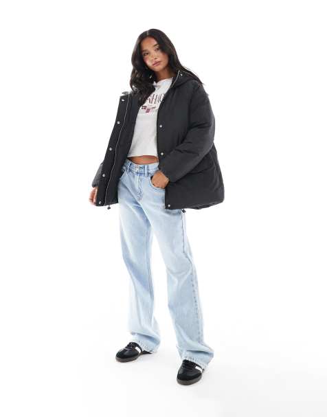 ASOS DESIGN Petite oversized puffer jacket with hood in black - view 1