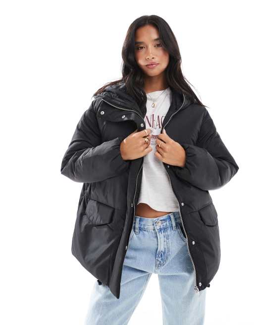 ASOS DESIGN Petite oversized puffer jacket with hood in black