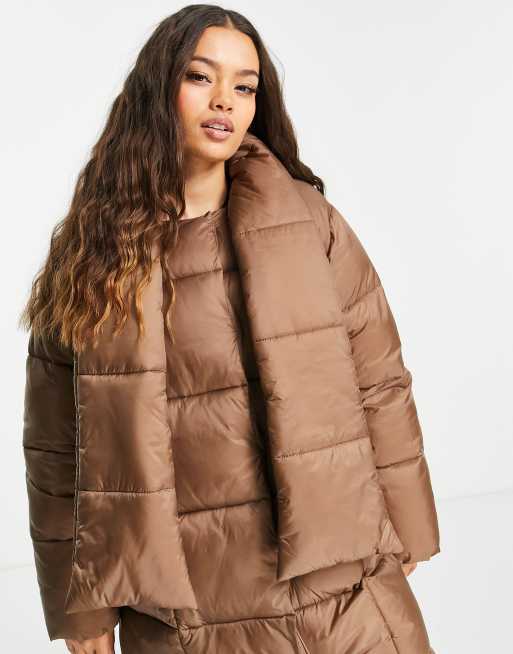 ASOS DESIGN Petite oversized puffer jacket with scarf in dark camel