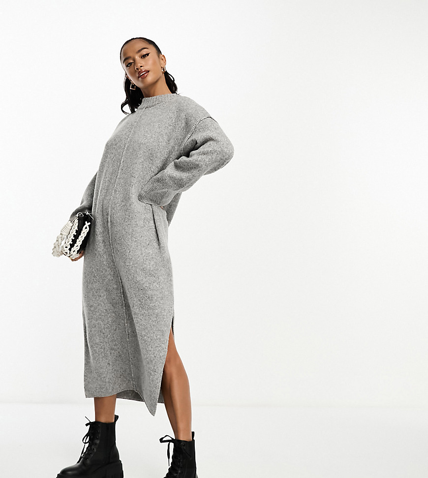 ASOS DESIGN Petite oversized relaxed knitted midi dress with crew neck and seam detail in gray