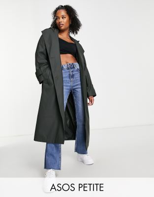 ASOS DESIGN Petite oversized rubberised trench coat in dark olive - ASOS Price Checker