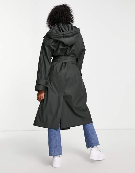 ASOS DESIGN Petite oversized rubberised trench coat in dark olive