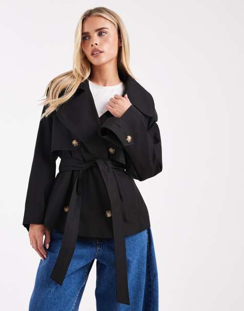 ASOS DESIGN Petite oversized short trench coat with belt in black - view 1