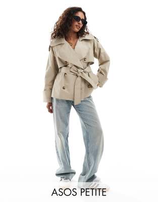 ASOS Petite ASOS DESIGN Petite oversized short trench coat with belt in stone-Neutral